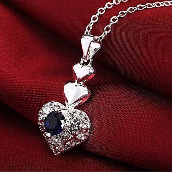 Sterling Silver Sapphire Heart Necklace Earrings Matching Set - Picture 2 of 6